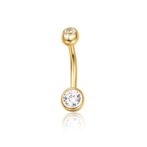 14k ソリッド ゴールド 華奢なへそリング ラウンド ベゼル へそリング ねじ付きへそリング バーベル へそリング ゴールド へそピアス ボディジュエリー 14g