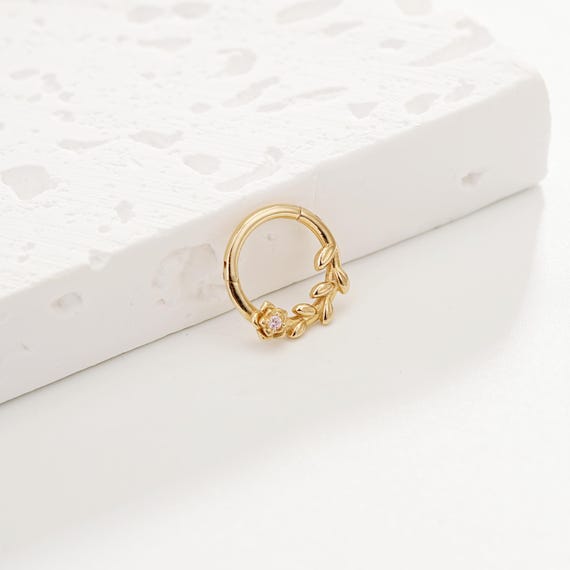14k Solid Gold Pink Tourmaline Flower Daith Hoop Clicker Pink 