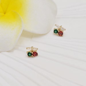 14k Solid Gold Dainty Cherry Stud Earring Cute Cartilage Stud Tragus Stud Conch Earring Helix Stud Color Stone Stud Labret Stud Push in Back image 6