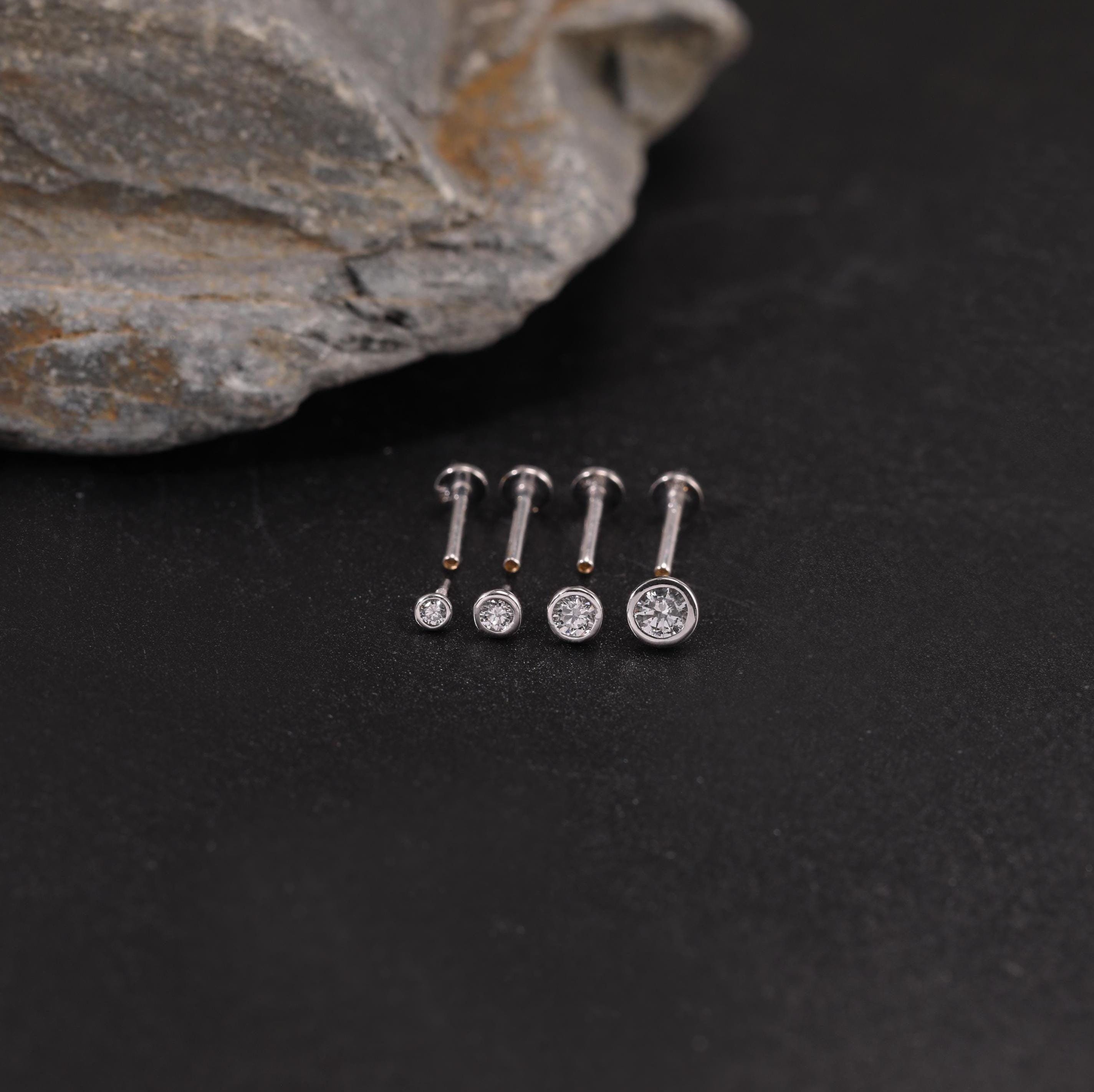 14K White Gold Solitaire Diamond Internally Threaded Earring Screw Back Flat Back Earring Moissanite Bezel Cartilage Helix Tragus Stud 18g