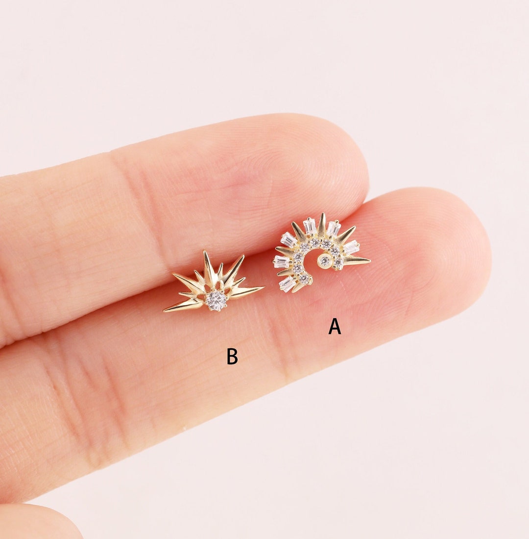 14K Solid Gold Diamond Sunburst Stud Earring, Gold Starburst