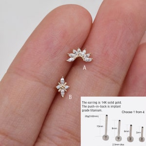 Aro trepador con forma de ala de marquesa en oro macizo de 14 k Aro trepador con forma de flor de marquesa Aro apilable con forma de hélix y trago Aro con presión en la parte posterior