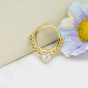 14k Solid Gold Heart Stone Septum Hoop Ring Gold Beads Nose Ring Tragus Helix Cartilage Piercing Daith Conch Ring Gold Nose Piercing 16g