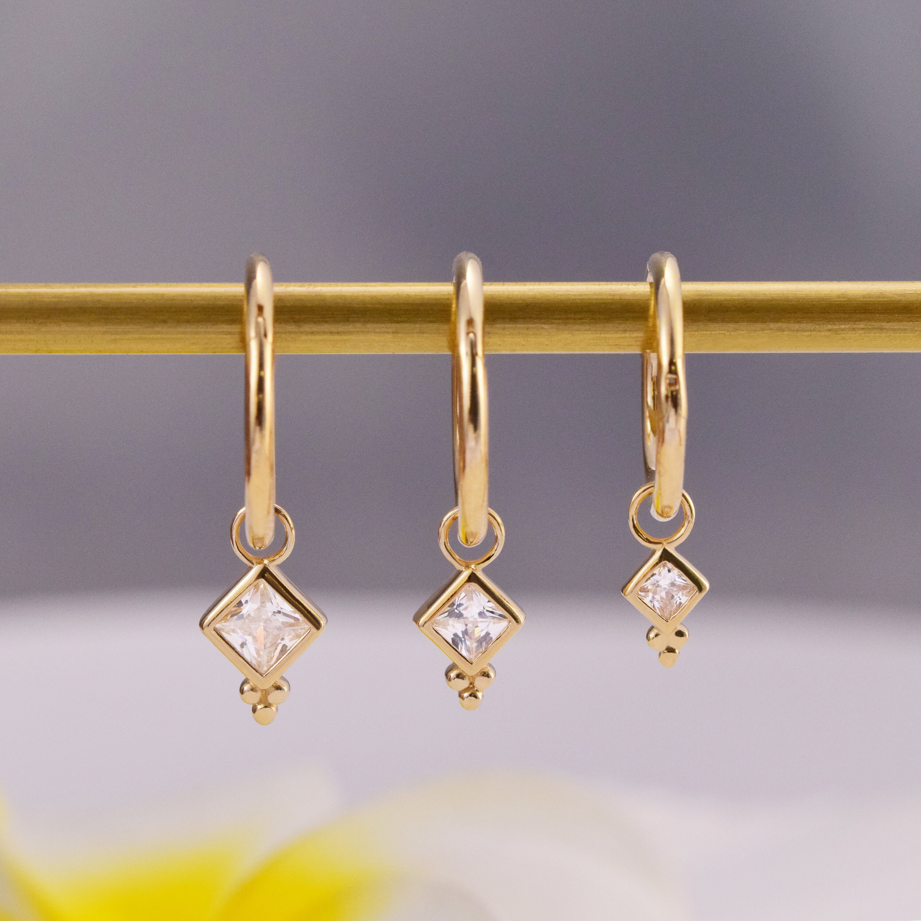 14K Solid Gold Bezel Square CZ Stone Drop Hoop Charm