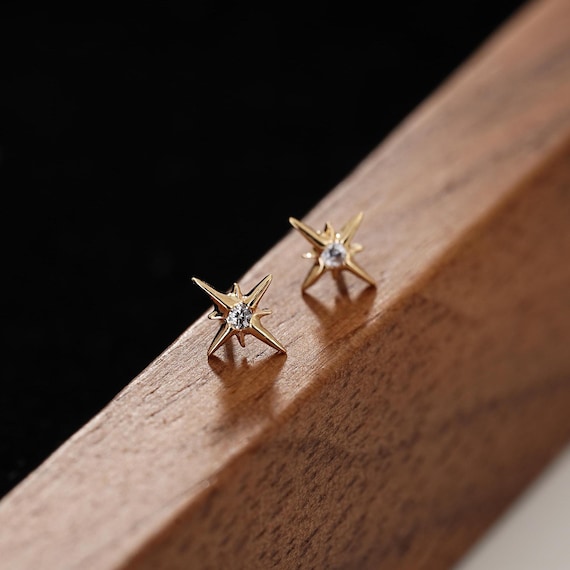 14k Solid Gold Starburst Helix Stud Tragus Conch Flat Back Earring Tiny Star Cartilage Earring
