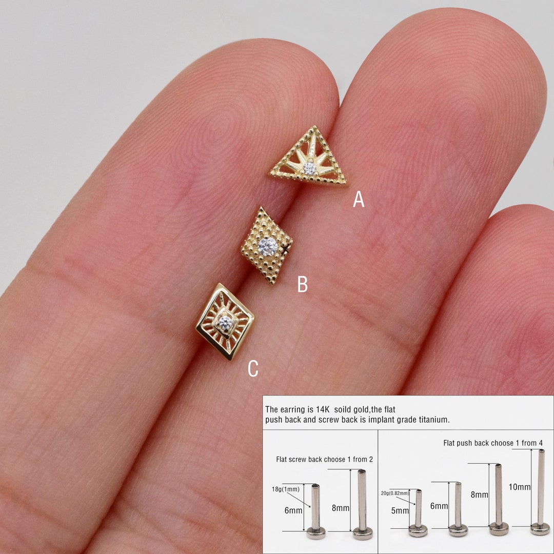 14k Solid Gold Geometric Rhombus Square Stud Earring Internally