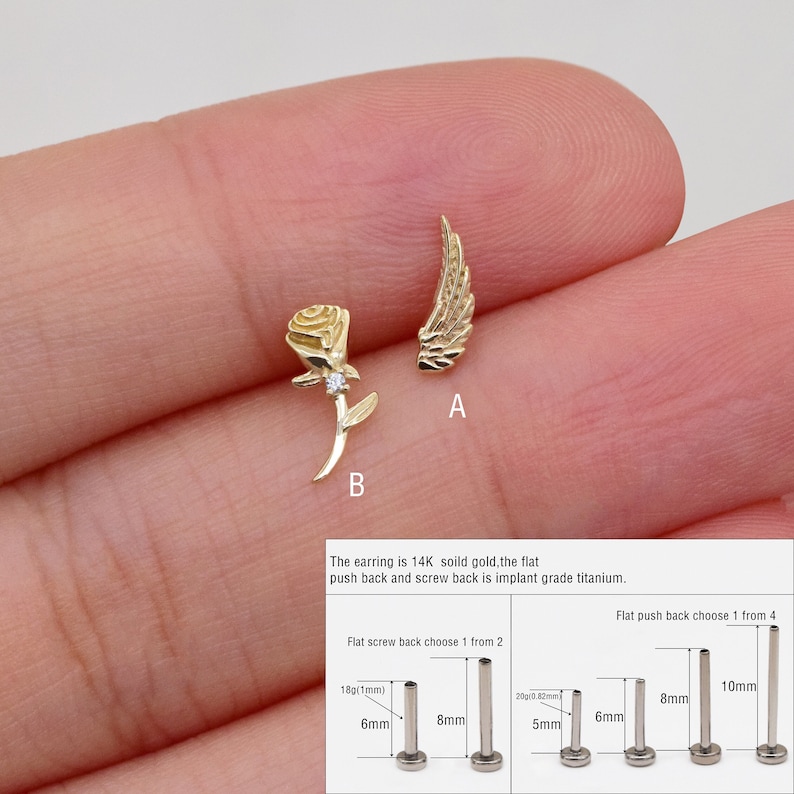 14k Solid Gold Rose Flower Stud Earring Cartilage Angel Wing Piercing Tragus Conch Earring Dainty Flower Helix Stud Screw Flat Back Earring image 1