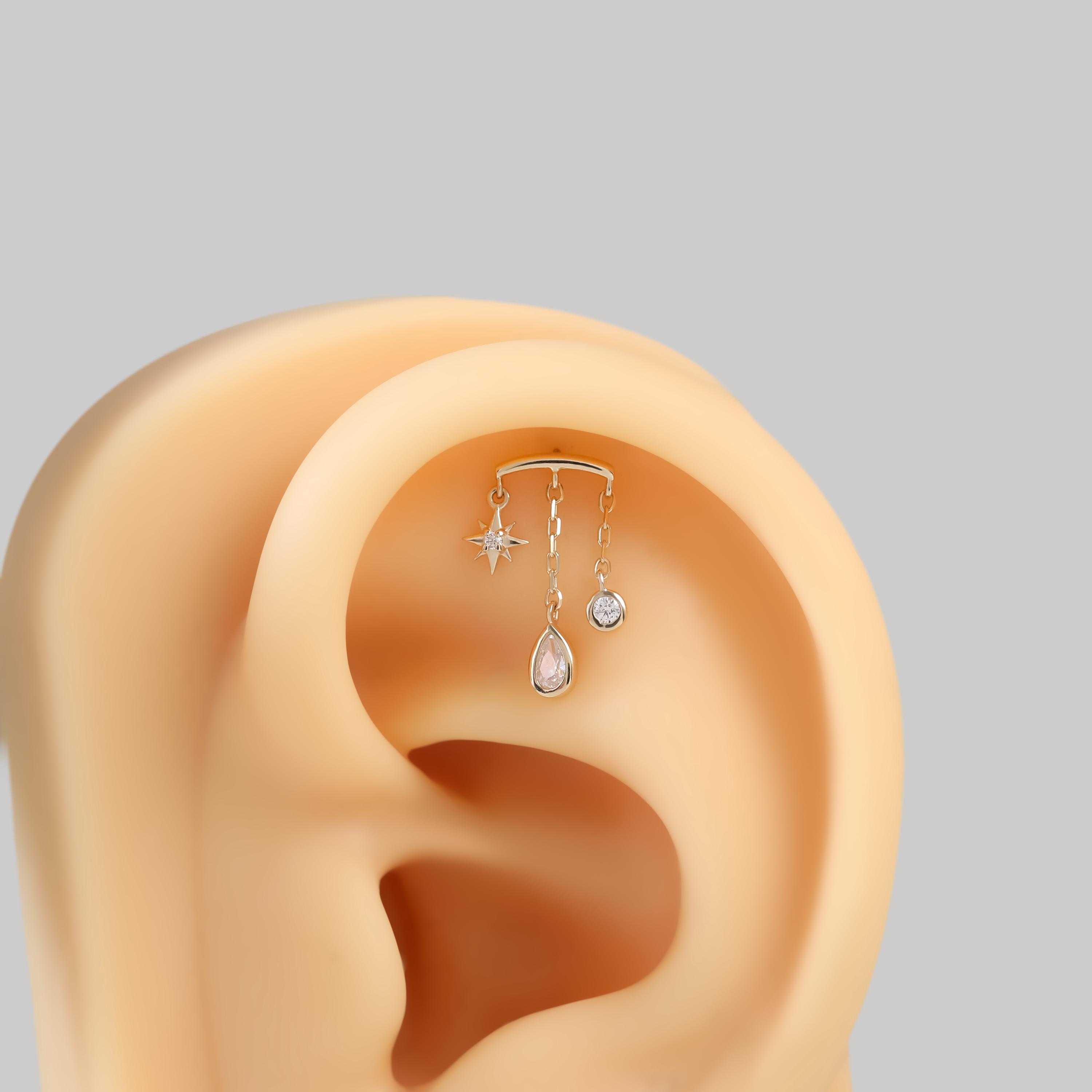 Hiodden Rook 14k Solid Gold Hidden Helix Push Back, Teardrop Star Dangle Chain ...