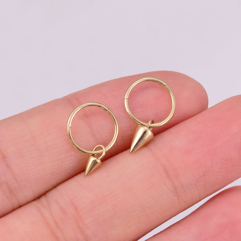 14K Solid Gold Dangle Spike Cartilage Hoop Charm Spike Huggies Charms Mini Charm Hoop Daith Helix Tragus Conch Rook Hoop Ear Ring Charms image 2