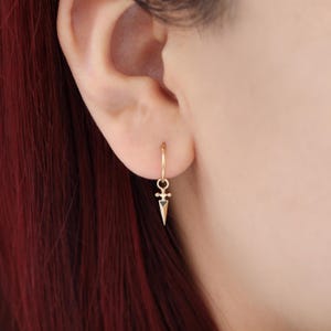 14K Solid Gold Dangle Sword Helix Charm, Tiny Dagger Sword Cartilage Hoop Charm, Conch Belly Button Clicker Charm Huggie Hoop Earring