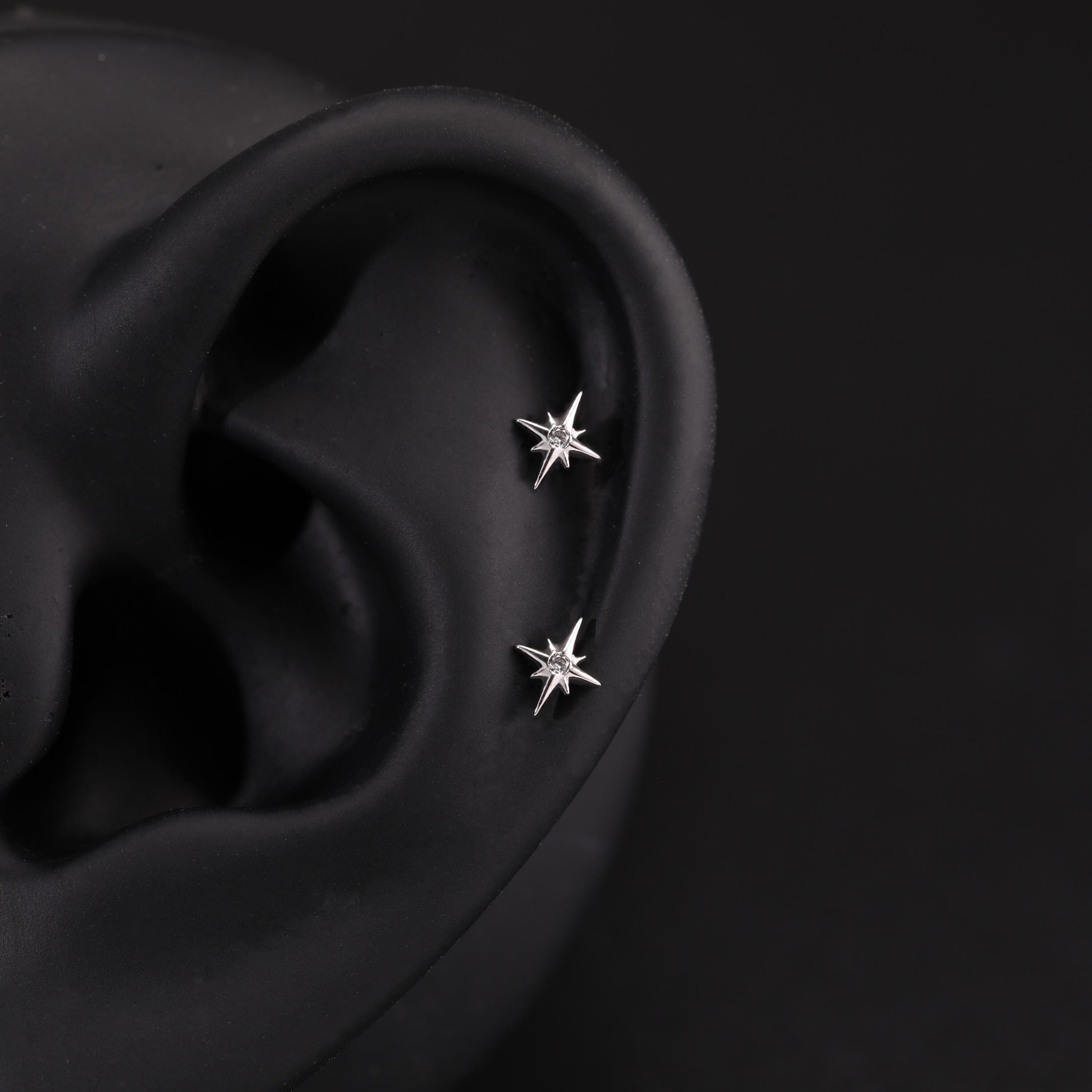14k Solid White Gold Starburst Stud Earring Tiny Star Cartilage Stud Celestial Earring Star Helix Stud Tragus Conch Stud Flat Back Earring