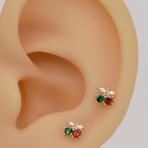 14k Solid Gold Dainty Cherry Stud Earring Cute Cartilage Stud Tragus Stud Conch Earring Helix Stud Color Stone Stud Labret Stud Push in Back image 2