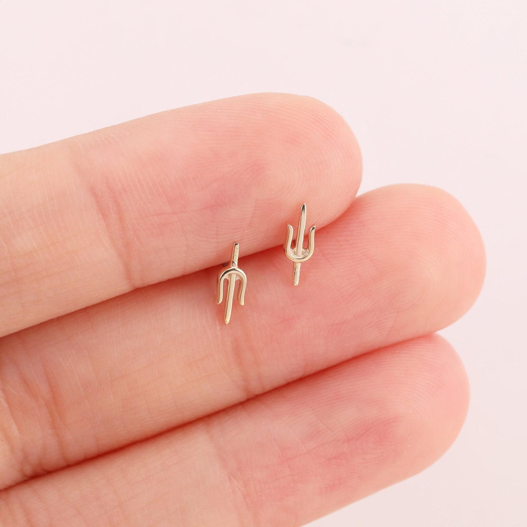 14k Solid Gold Trident Top Push Back Stud Poseidon-inspired