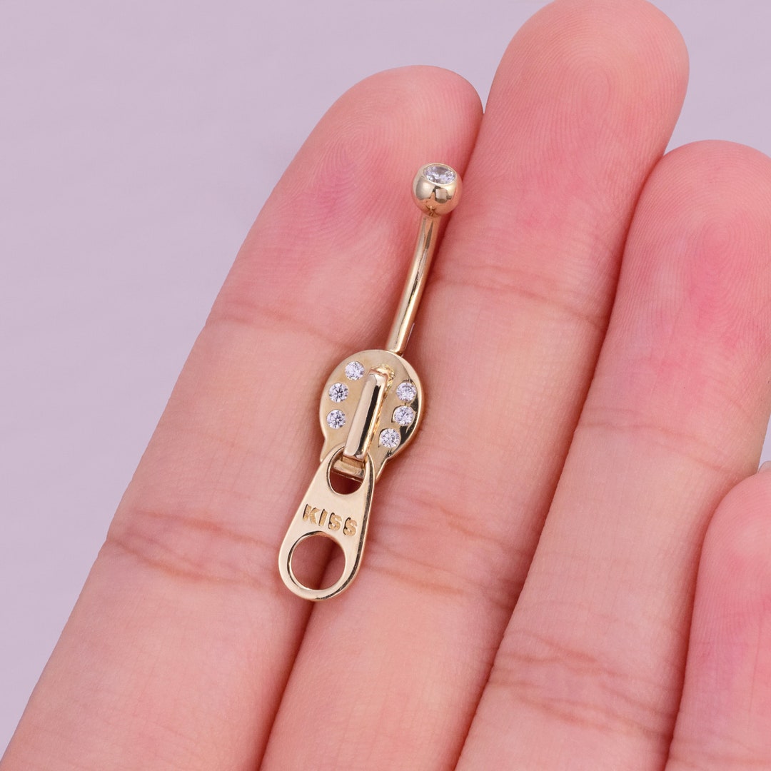 14k Solid Gold 14g Zipper Belly Button Ring Navel Piercing Threaded