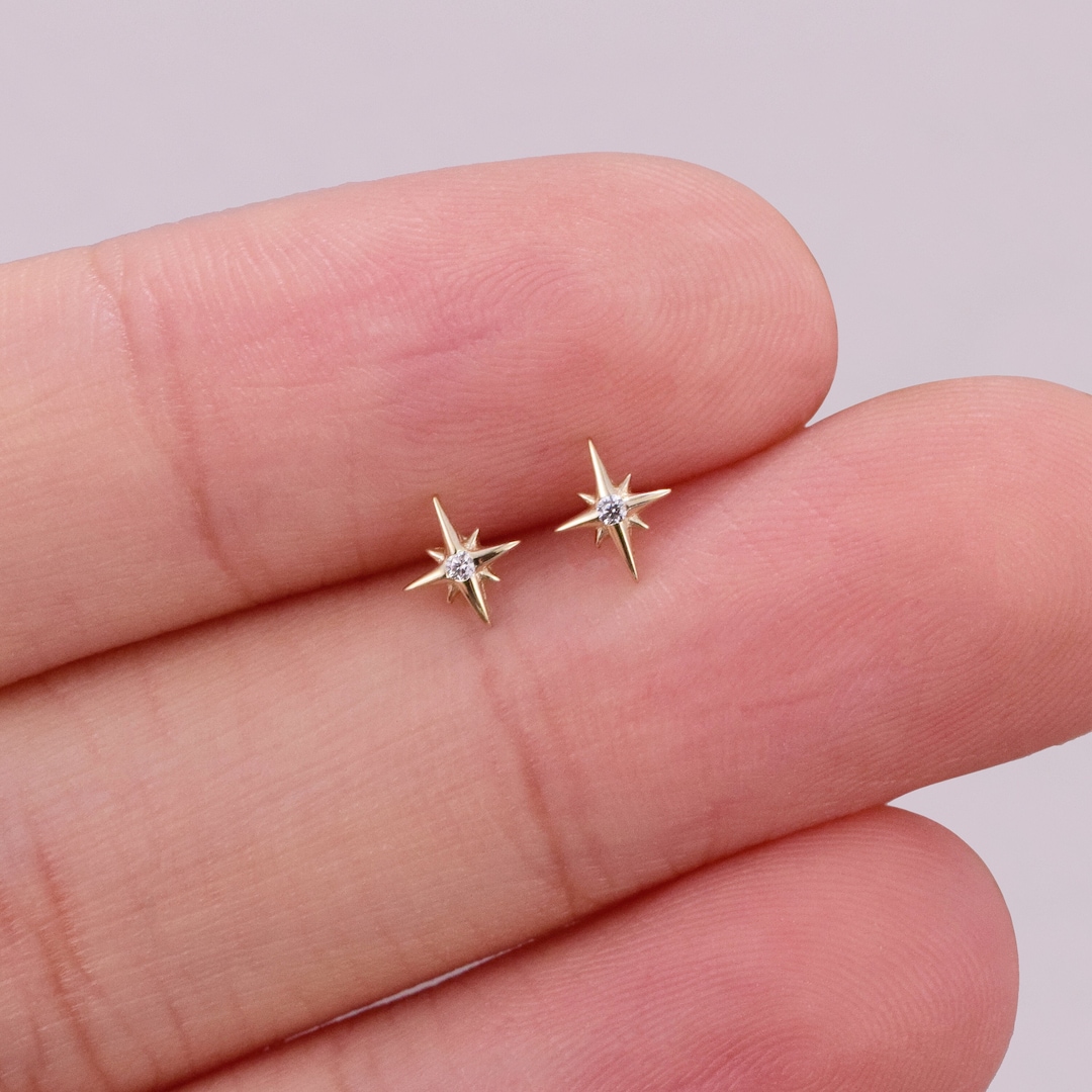 14k Solid Gold Starburst Stud Earring Tiny Star Cartilage