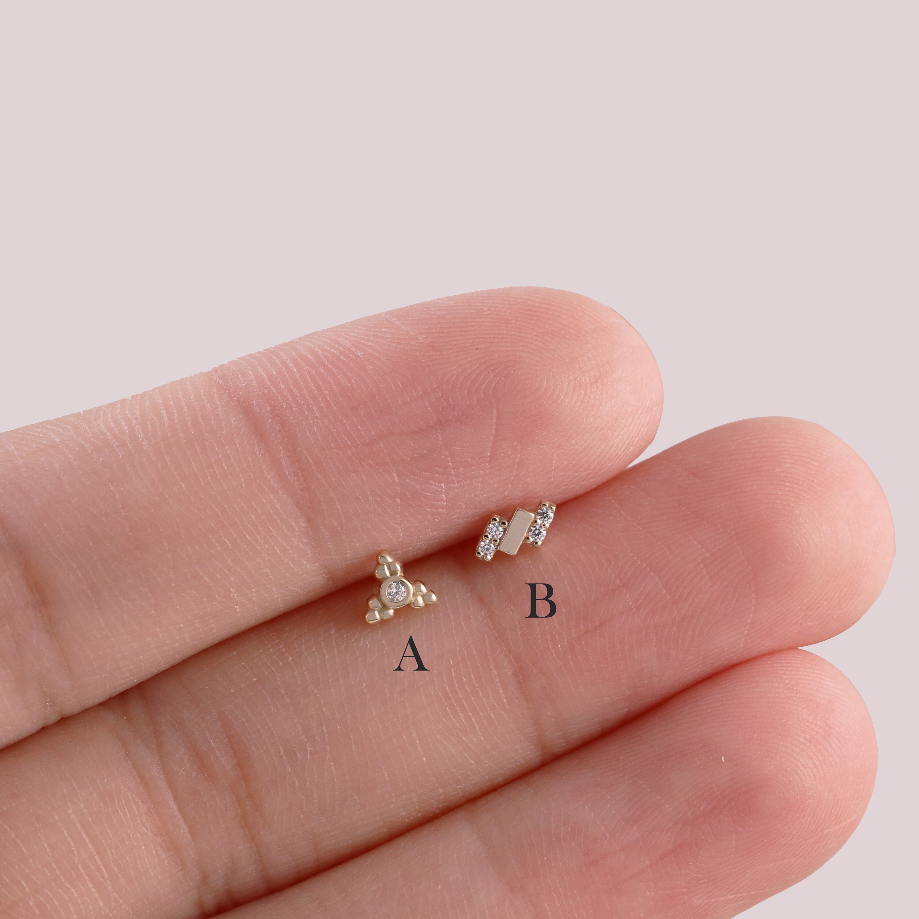 14K Solid Gold Triangle Stud Earring, Cluster Stud Earring, Climber Helix Stud, Conch Earring, Tragus Piercing, Flat Back Earring 20g