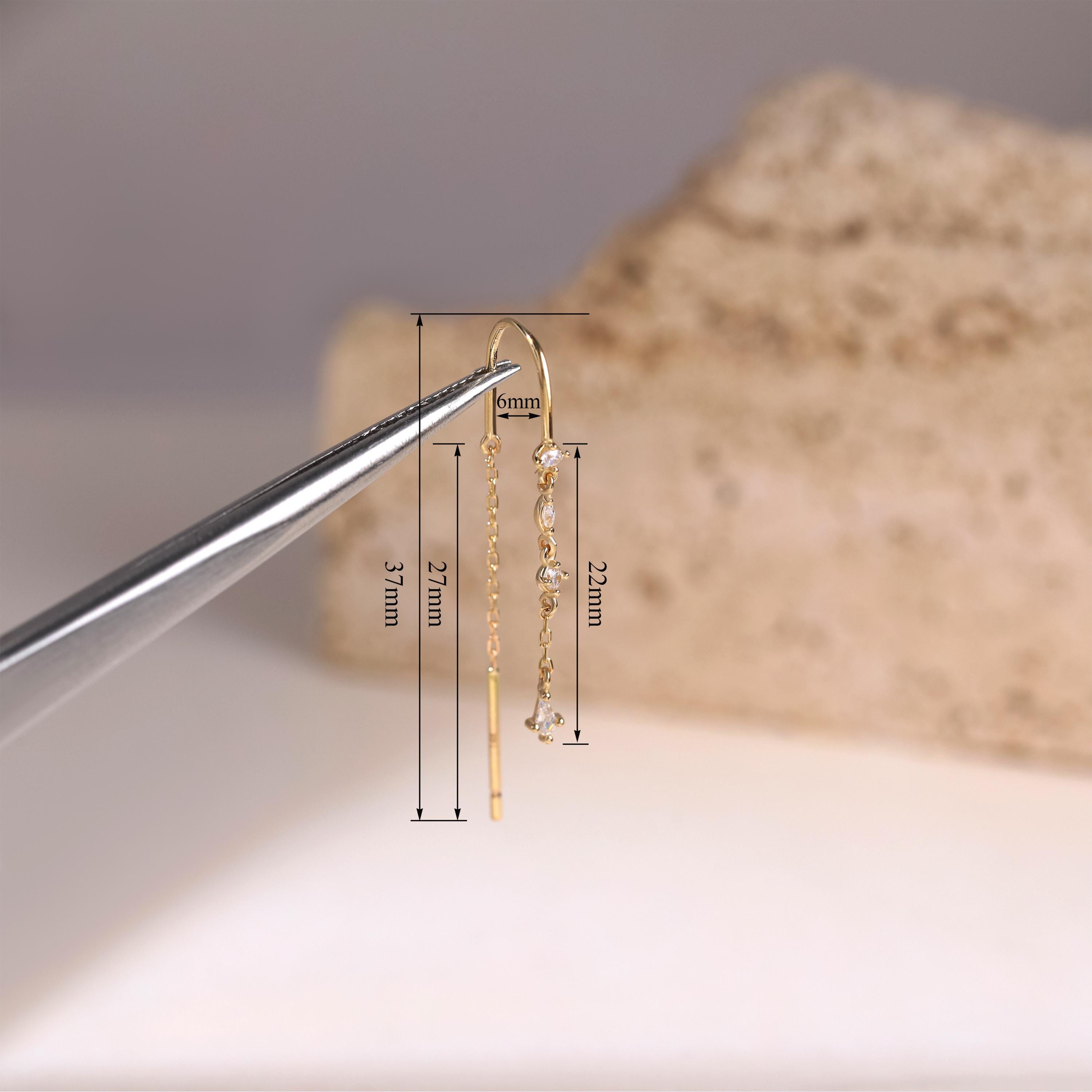 14k Solid Gold Dangle Diamond Ear Line Threader, Starlight Diamond ...