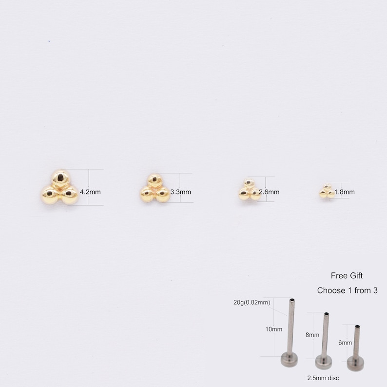 14k massief goud Three Dot kraakbeen Stud Earring Tiny Conch Earring kraakbeen Stud Helix Stud Tragus Stud Push in rug cadeau voor moeder afbeelding 9