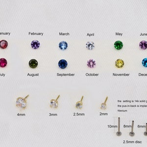 14k Solid Yellow Gold 2mm 2.5mm 3mm 4mm Birthday Stone Threadless Push In Flat Back 6mm 8mm 10mm Labret Tragus Cartilage Ear Stud