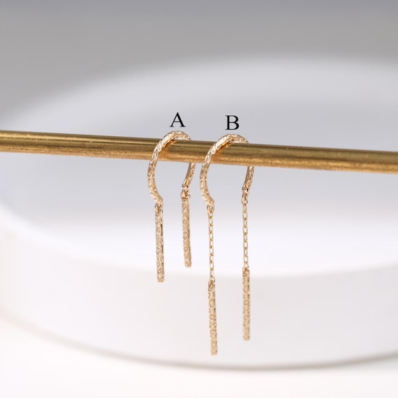 14k Solid Gold Textured Dangle Chain Threader Chime Earring: Engraved Pattern Earwire Thread Dancing Threader