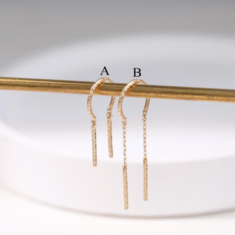 14k Solid Gold Textured Dangle Chain Threader Chime Earring: Engraved Pattern Earwire Thread Dancing Threader image 1