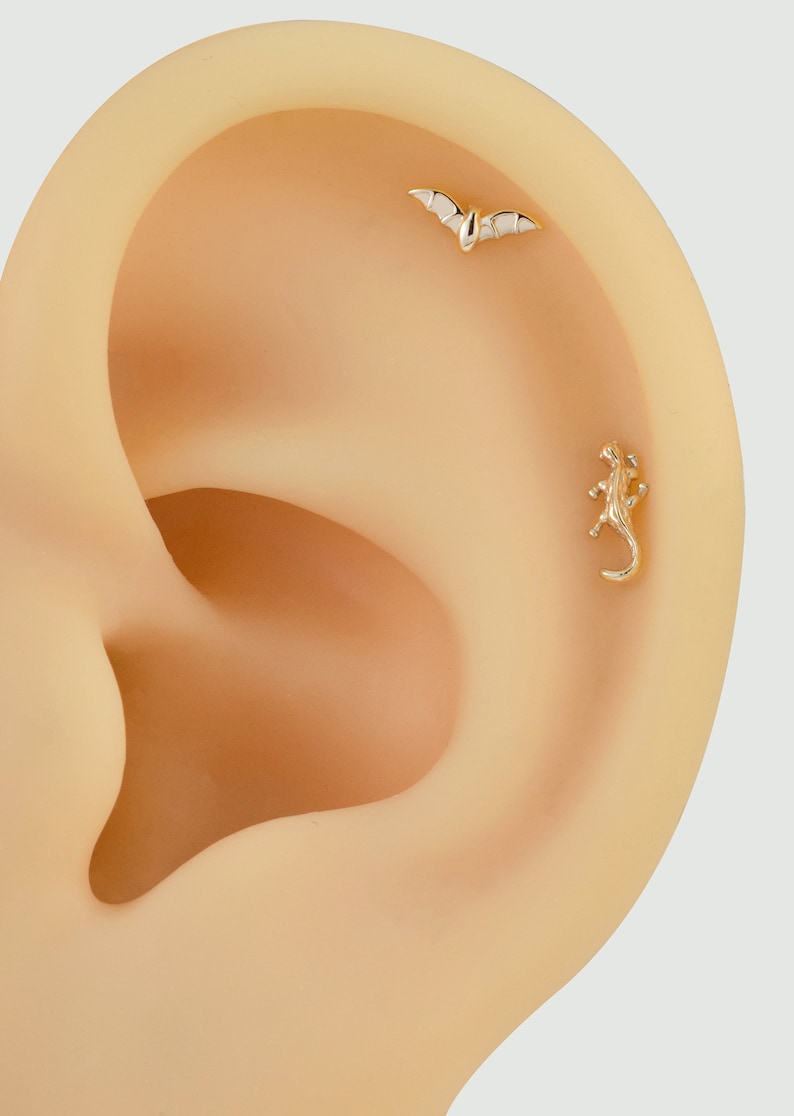 14K Solid Gold Bat Piercing Minimalist Tragus Piercing Tiny Cute Bat Cartilage Earring Gecko Lizard Flat Back Labret Stud Gold Helix Stud image 3