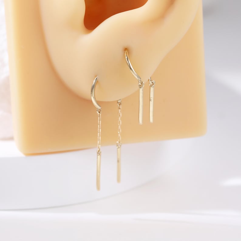 14k Solid Gold Dangle Chain Threader Chime Earring: Earwire Thread ...