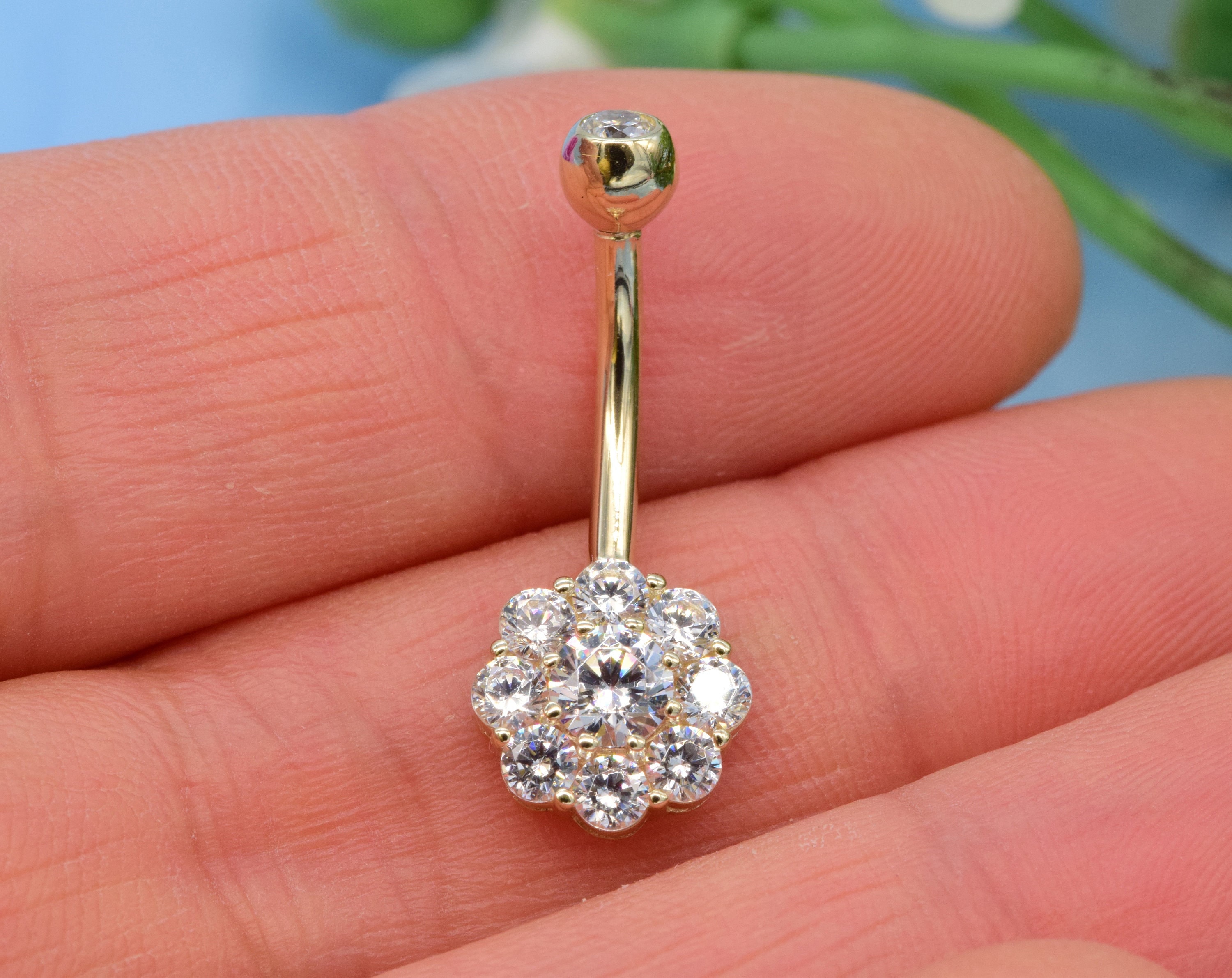 14k ソリッド ゴールド 14g クラスター フラワー へそリング へそ 