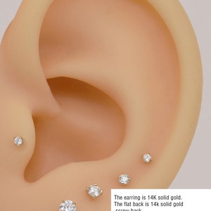 14k Solid Gold Solitaire Diamond Cartilage Earring Screw on Flat Back Labret Stud Moissanite Tragus stud Internal threaded Helix Piercing zdjęcie 3
