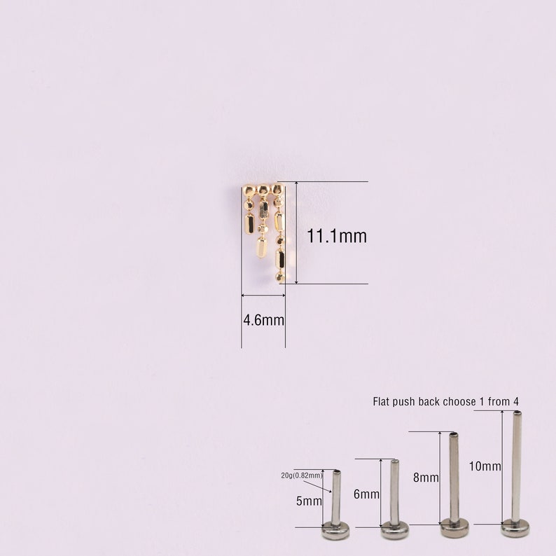 May include: Gold dangle earring with a geometric design, measuring 11.1 mm in length and 4.6 mm in width. The earring comes with a flat push back in four sizes: 5 mm, 6 mm, 8 mm, and 10 mm.