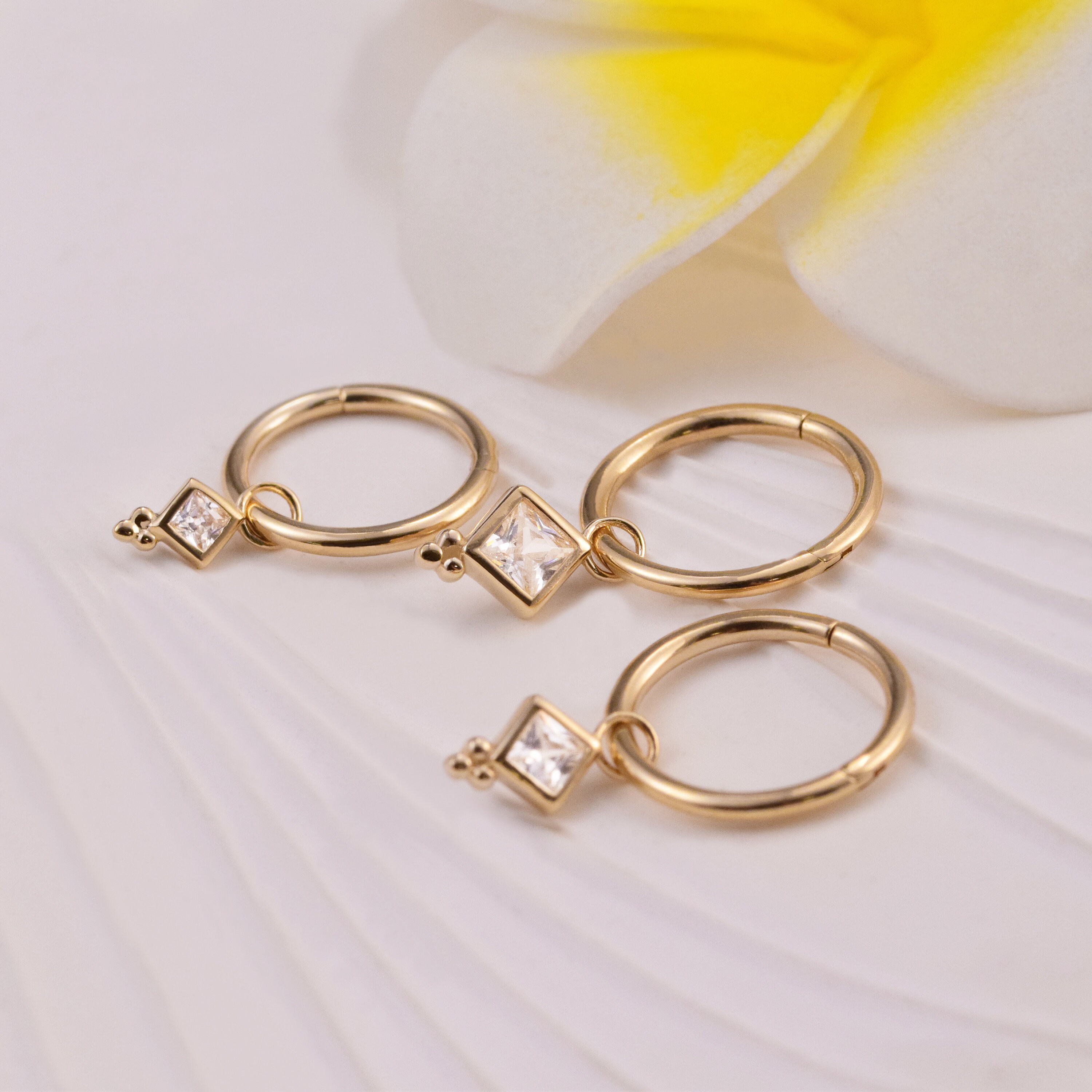 14K Solid Gold Bezel Square CZ Stone Drop Hoop Charm