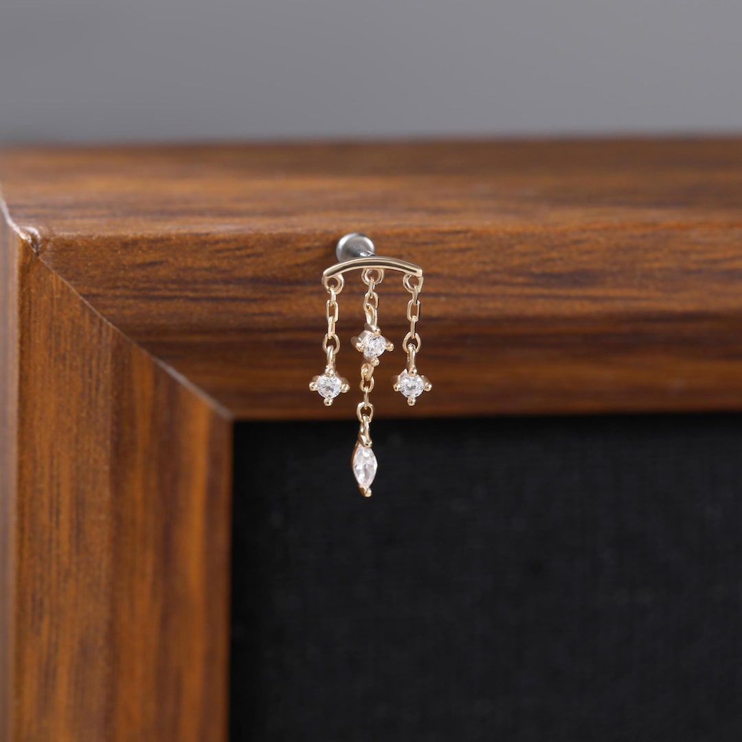 14k Solid Gold Hidden Helix Push Back, Triple Dangle Chain Hidden Rook ...
