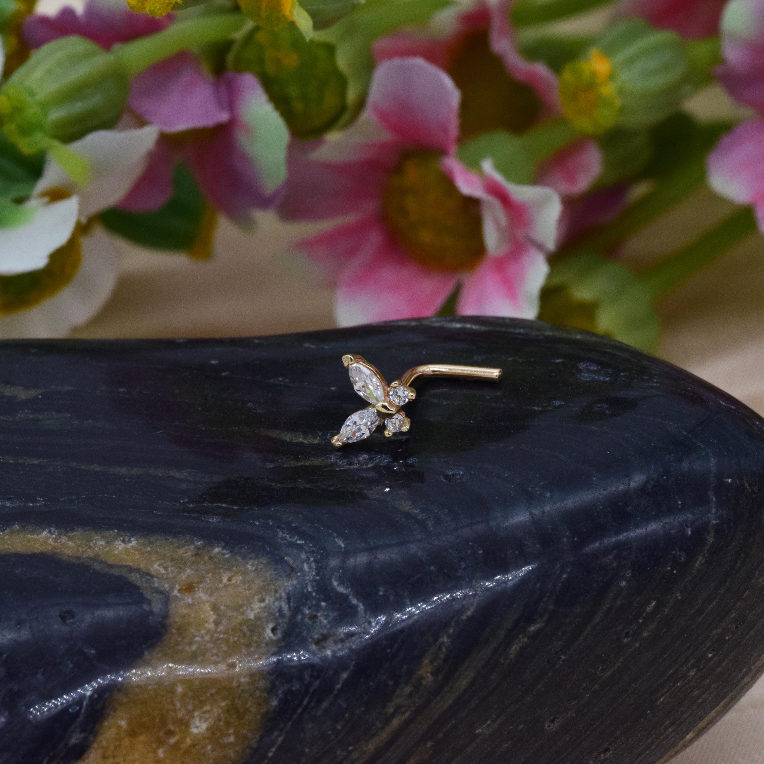 14k massief gouden vlinder neus stud sierlijke neusring gouden neus pin 20g L-vorm neus piercing cadeau voor moeder piercing sieraden - België