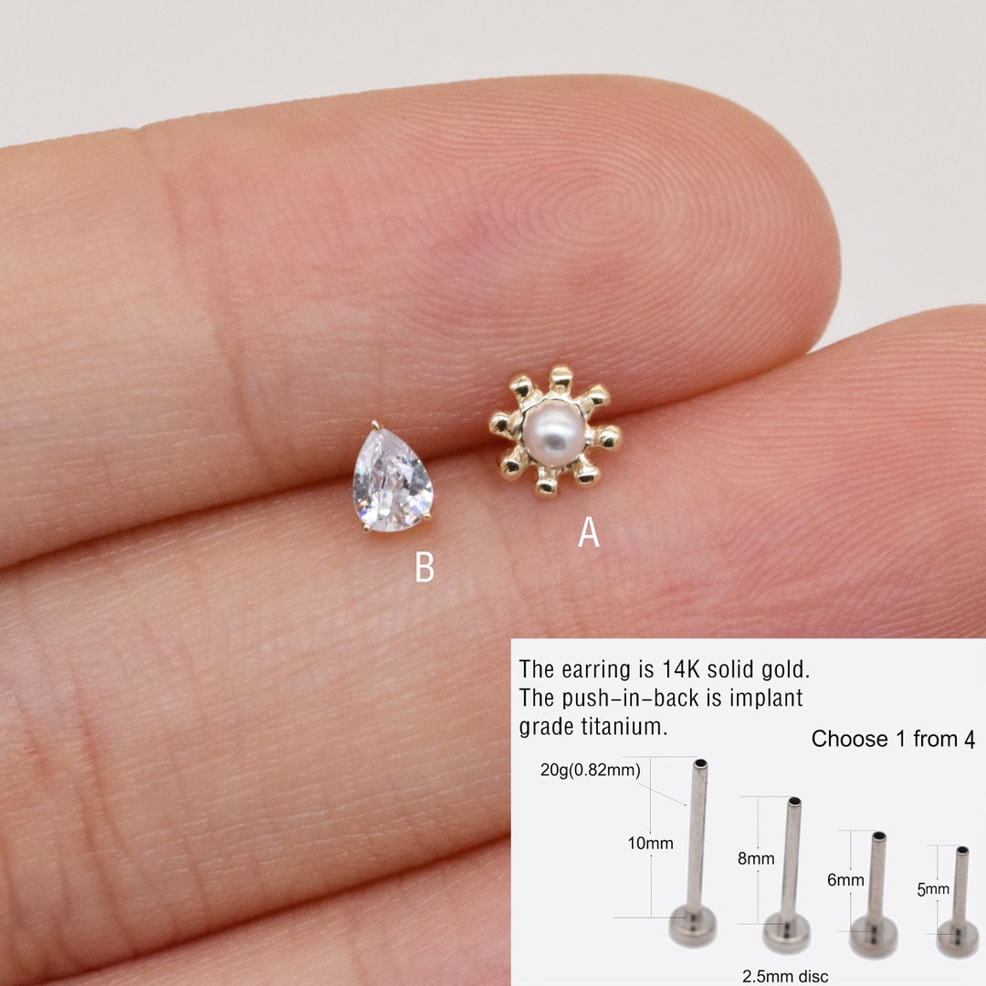 14k Solid Gold Sunflower Pearl Stud Earring Pear Solitaire Earring