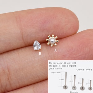 Pendiente de perla con forma de girasol en oro macizo de 14 k, pendiente solitario en forma de pera, pendiente de lágrima para cartílago, pendiente de hélice, caracola, pendiente de trago, pendiente con parte trasera plana.