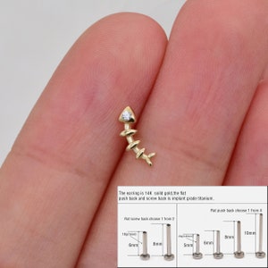 14k Solid Gold Fish bone Tragus Piercing Screw Flat Back Helix Piercing Tiny Fish Bone Cartilage Internally Threaded Earring Conch Stud 18g