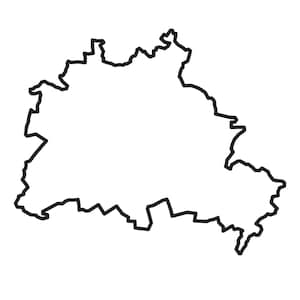 May include: A black outline map of Berlin, Germany, presented as a digital graphic. The image features a clean, bold line drawing of the city's geographical borders. Below the map, the text EPS, SVG, PDF, PNG, and JPG is displayed in white.