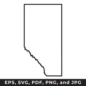 May include: A black outline map of the Canadian province of Alberta on a white background. Below the map, the text reads EPS, SVG, PDF, PNG, and JPG, indicating the available file formats for this digital graphic design asset.