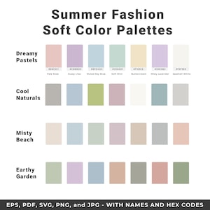 Puede incluir: Un gráfico con cuatro filas de paletas de colores, cada fila etiquetada con un tema diferente: Dreamy Pastels, Cool Naturals, Misty Beach y Earthy Garden. Cada fila contiene siete muestras de colores con sus códigos hexadecimales y nombres correspondientes.