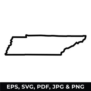 May include: Black and white outline of the state of Tennessee. The image includes the text "EPS, SVG, PDF, JPG & PNG" at the bottom, indicating file formats. The state's borders are clearly defined.