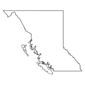 May include: A black and white line art illustration depicting the geographical outline of the Canadian province of British Columbia, including its coastal islands. The text EPS, SVG, PDF, PNG, and JPG is printed at the bottom of the image.