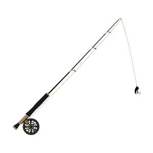 May include: A black fishing rod with a gold reel and a black lure attached to the line.
