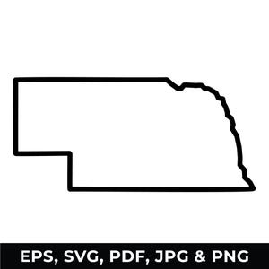 May include: A black outline of the state of Nebraska. The state's shape is clearly defined with a thick black line. The text "EPS, SVG, PDF, JPG & PNG" is displayed in white letters on a black background.
