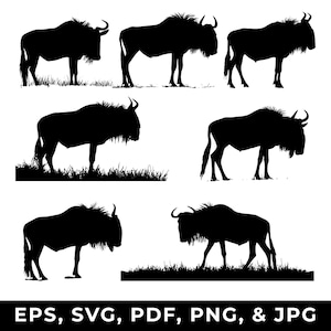 African Wildebeest Silhouette Vector Set for Safari Wildlife Decor and Crafts, Wildebeest Clipart Pack