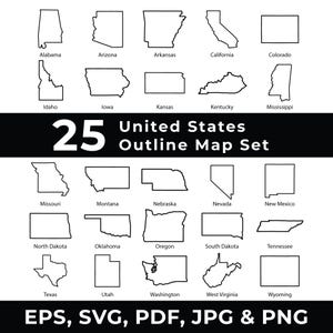 25 US States Outline Map Set - Vector Graphics for Cricut, Silhouette, and More, Digital Download SVG, and PNG Files