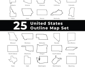 US States Outline Map Set: 25 Vector Graphics (Digital Download)