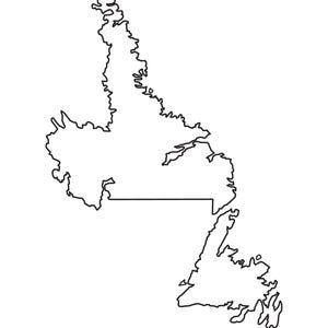 May include: A black and white line art illustration of the geographic outline of Newfoundland and Labrador. The image features a clean, bold black contour map against a plain white background, with the text EPS, SVG, PDF, PNG, and JPG at the bottom.