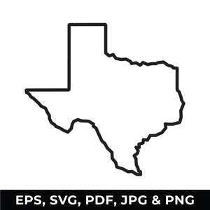 May include: A black outline of the state of Texas against a white background. The image includes the text "EPS, SVG, PDF, JPG & PNG" in white on a black bar at the bottom. The outline is a simple, clean design.