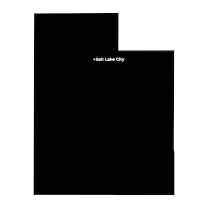 May include: Black and white silhouette map of the state of Utah with the text "Salt Lake City" labelled on the map.