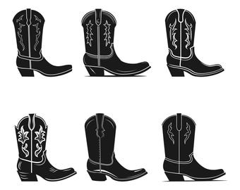 Collezione di illustrazioni vettoriali clipart di stivali da cowboy di colore nero.
